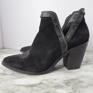 Lucchese  Black Suede Ankle Bootie Shootie 9.5 B Stacked Heel Boot Black Fringe